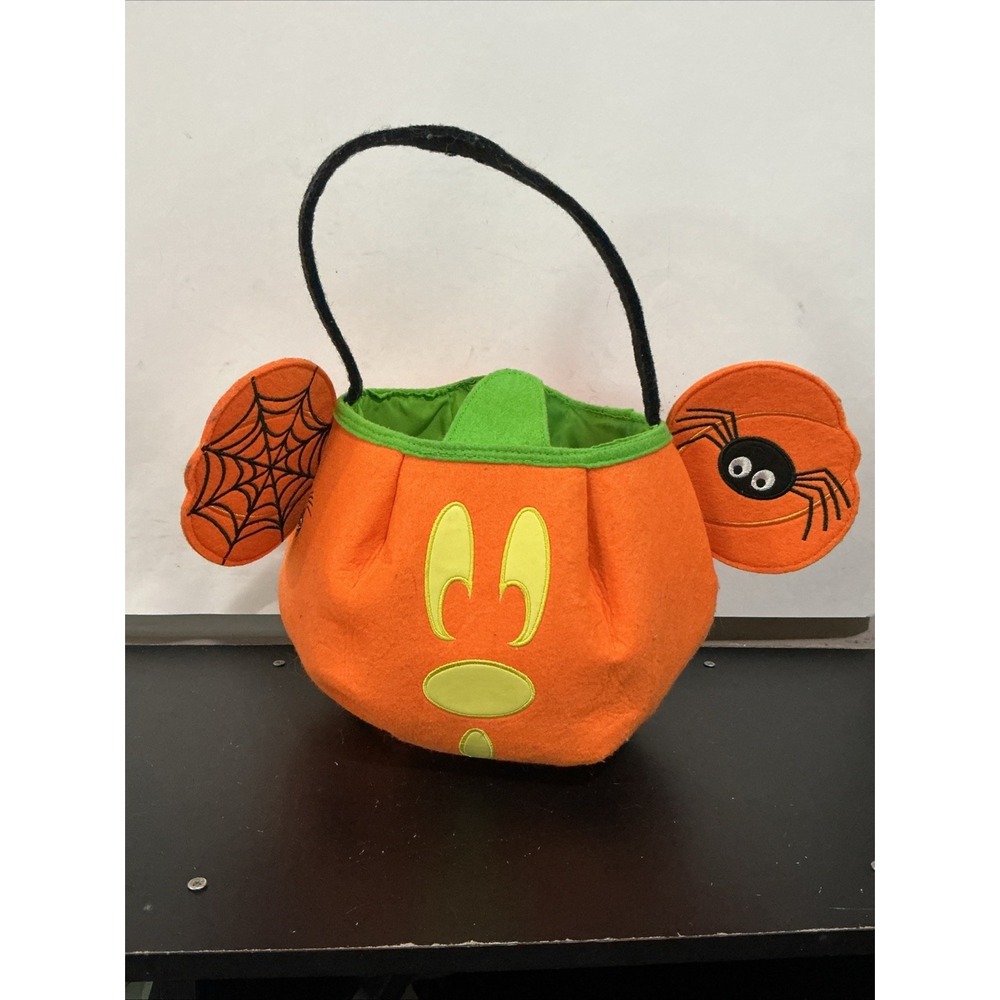 Disney Mickey Mouse Halloween Fabric Pumpkin Trick Or Treat Basket Bucket Orange